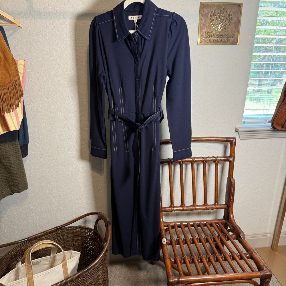 Boden Navy Blue Contrast Stitch Belted Midi Shirt Dress Womens 12R UK 16R - Picture 8 of 9